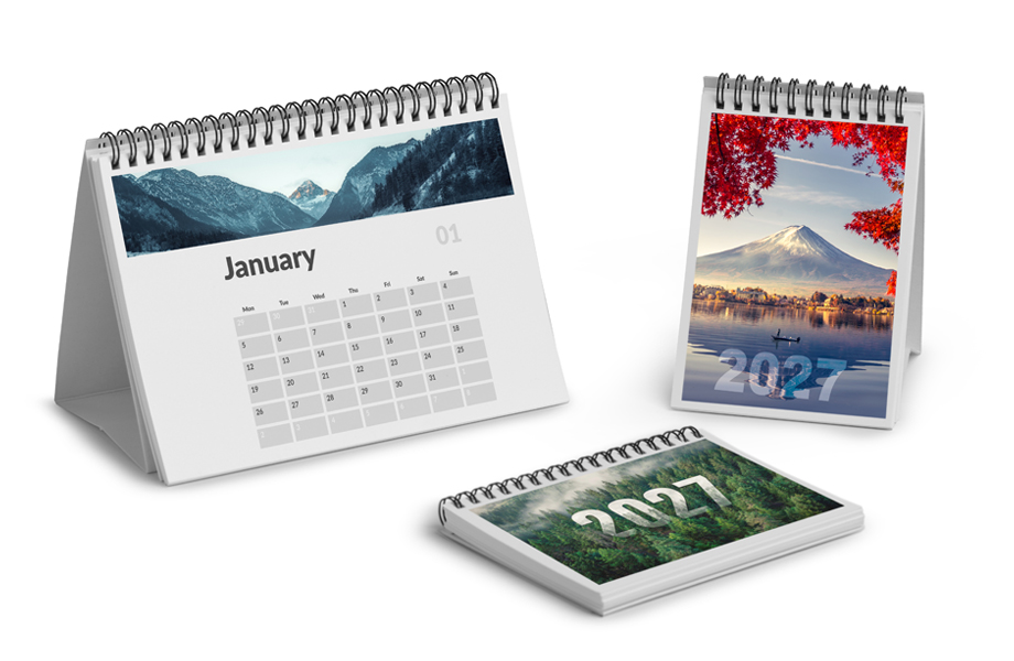 Tischkalender mit Wire-O-Bindung und auffaltbarer Stütze