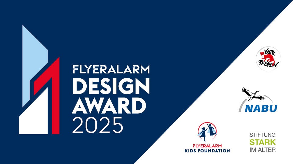 Banner zum FLYERALARM Design Award 2025 mit Logo und Claim der Kampagne und allen Logos der NGOs