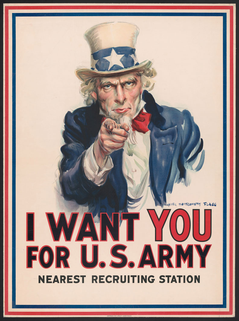 James Montgomery Flagg: Propagandaplakat, das junge Amerikaner zum Eintritt in die Armee und zur Teilnahme am Ersten Weltkrieg bringen sollte, 1917