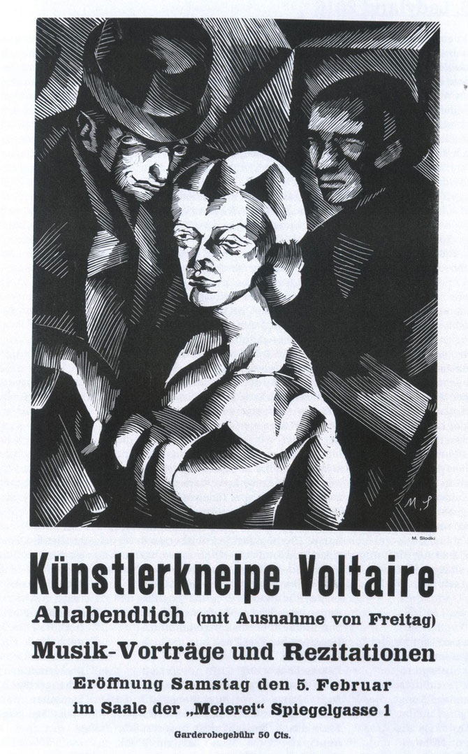 Marcel Słodki: Plakat zur Eröffnung der Künstlerkneipe „Voltaire“ in Zürich, 1916
