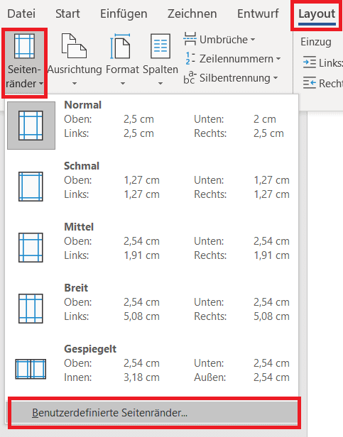 Benutzerdefinierte Seitenränder einstellen Word Screenshot