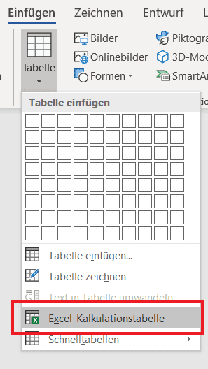 Exceltabelle in Word einfügen Screenshot