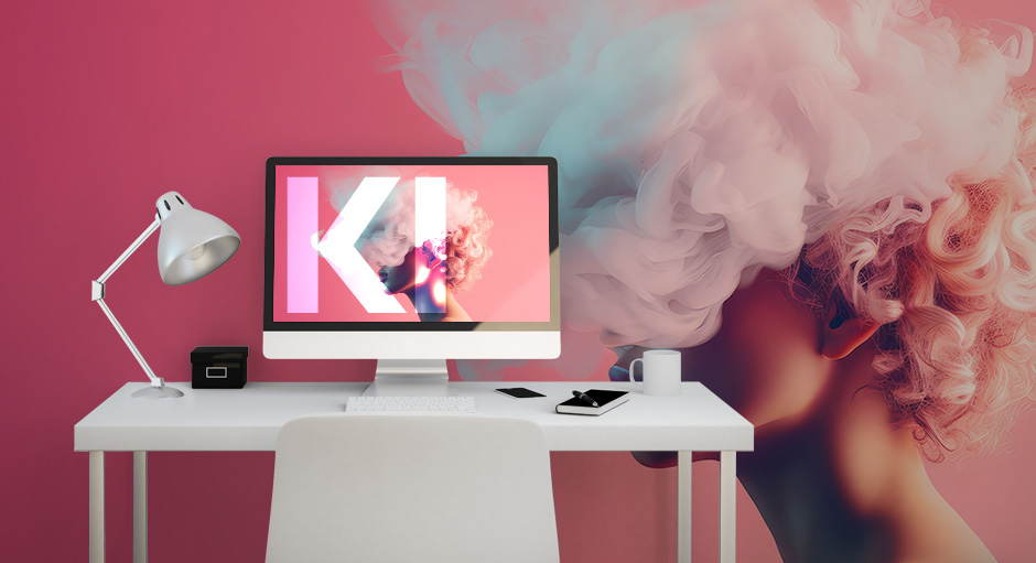 Schreibtisch mit Bildschirm und KI-Schriftzug