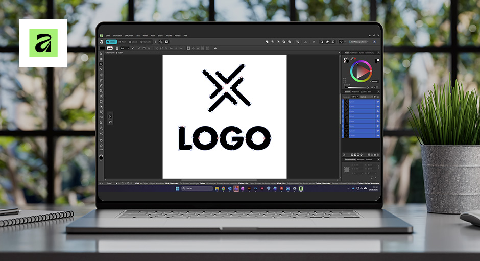 Ein Bildschirm mit einem vektorisierten Logo-Schriftzug in Affinity Studio