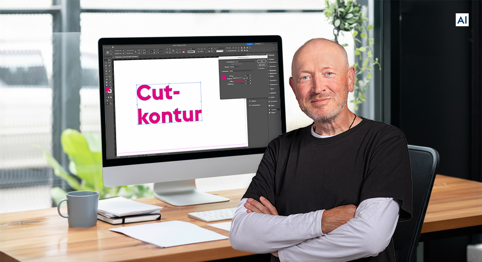 Andreas von FLYERALARM vor einem Bildschirm-Arbeitsplatz mit dem Wort: Cutkontur