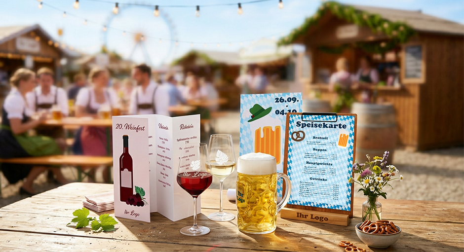 bedruckte und gravierte Werbemittel auf dem Tisch, im Hintergrund ein Volksfest