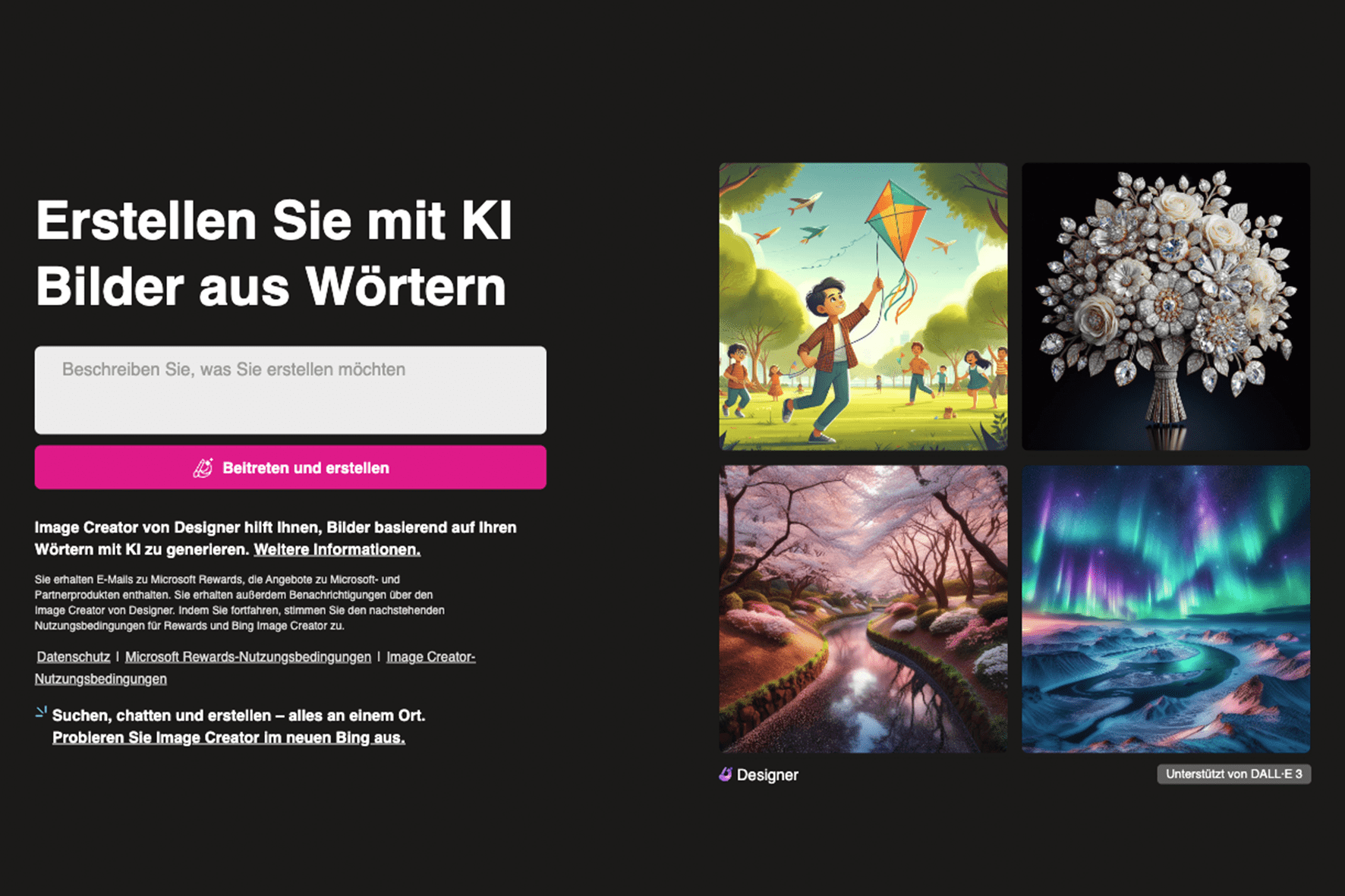 Screenshot der Nutzeroberfl&auml;che vom Bing Image Creator