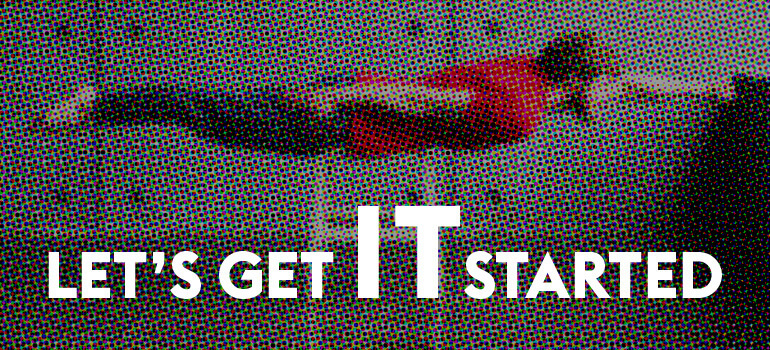 Person in rotem Shirt schwebt waagrecht vor grauem Hintergrund, Text LET’S GET IT STARTED im Bild.