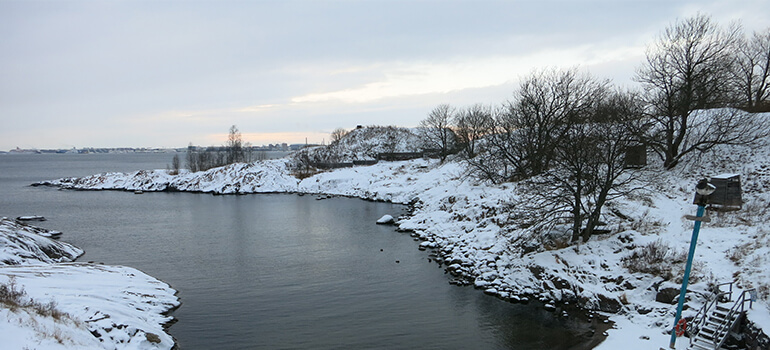 Blick auf schneebedeckte Küste mit Bäumen und Meer in Finnland.
