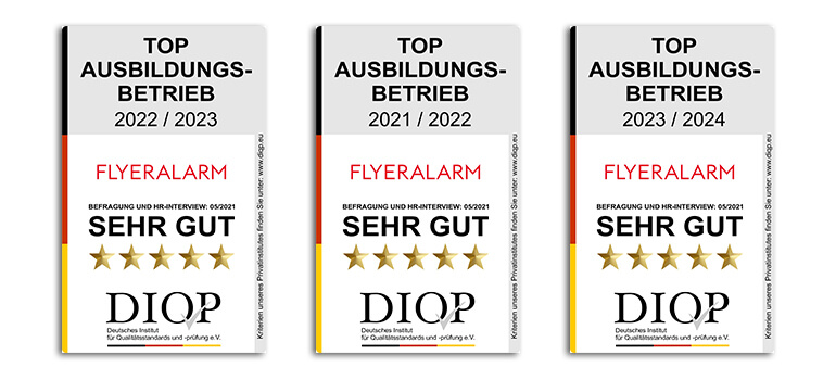 Drei Auszeichnungen als „Top Ausbildungsbetrieb“ für FLYERALARM mit der Bewertung sehr gut und fünf Sternen.
