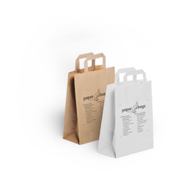 Muestra de bolsa de papel con asa plana en color marrón y blanco